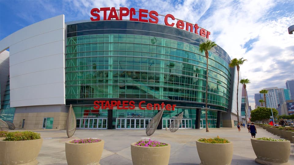 Crypto.com Arena showing modern architecture, signage and flowers
