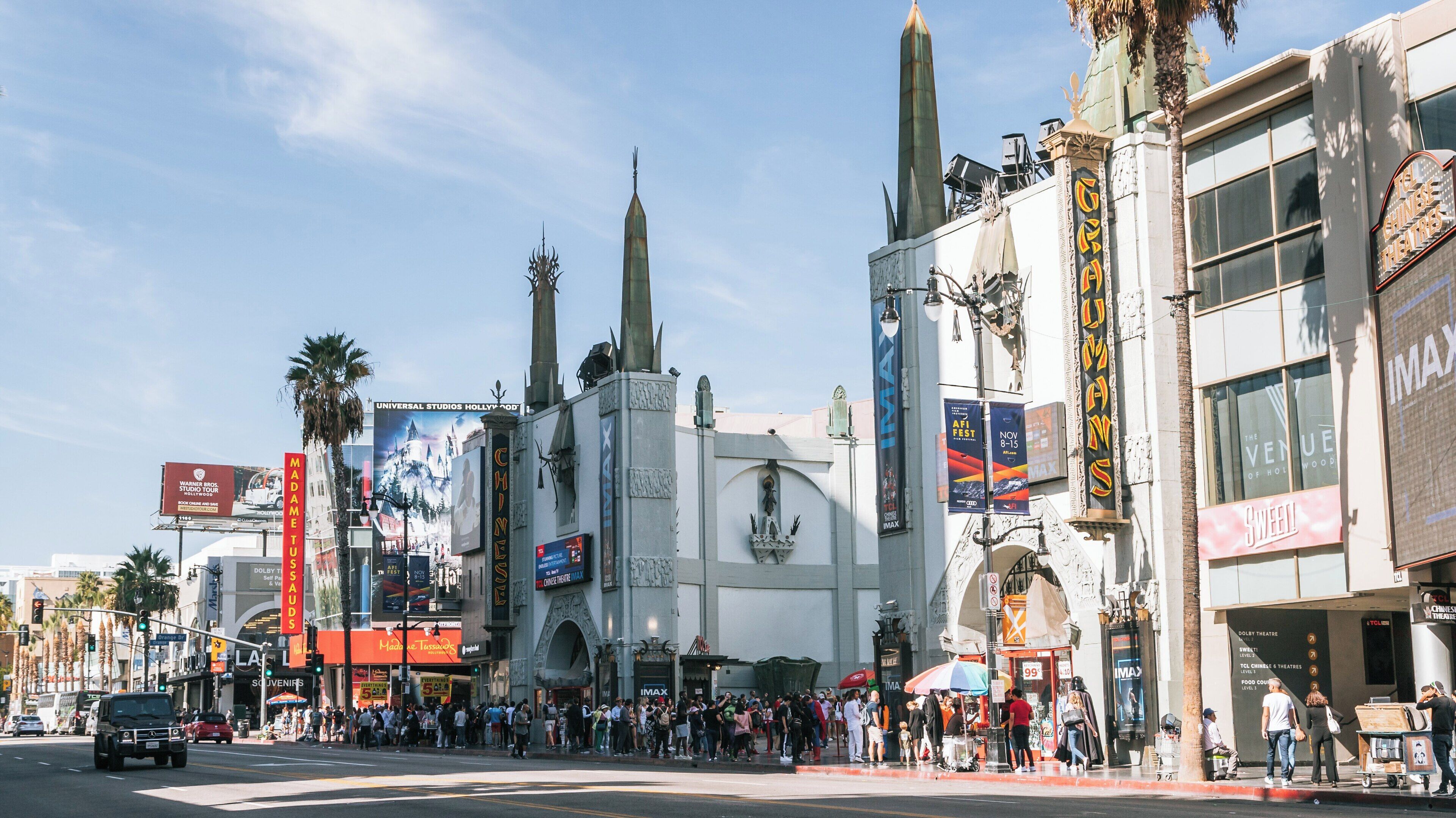 TCL Chinese Theatre showcases famous handprints as visitors gather for events in Hollywood, Los Angeles, California