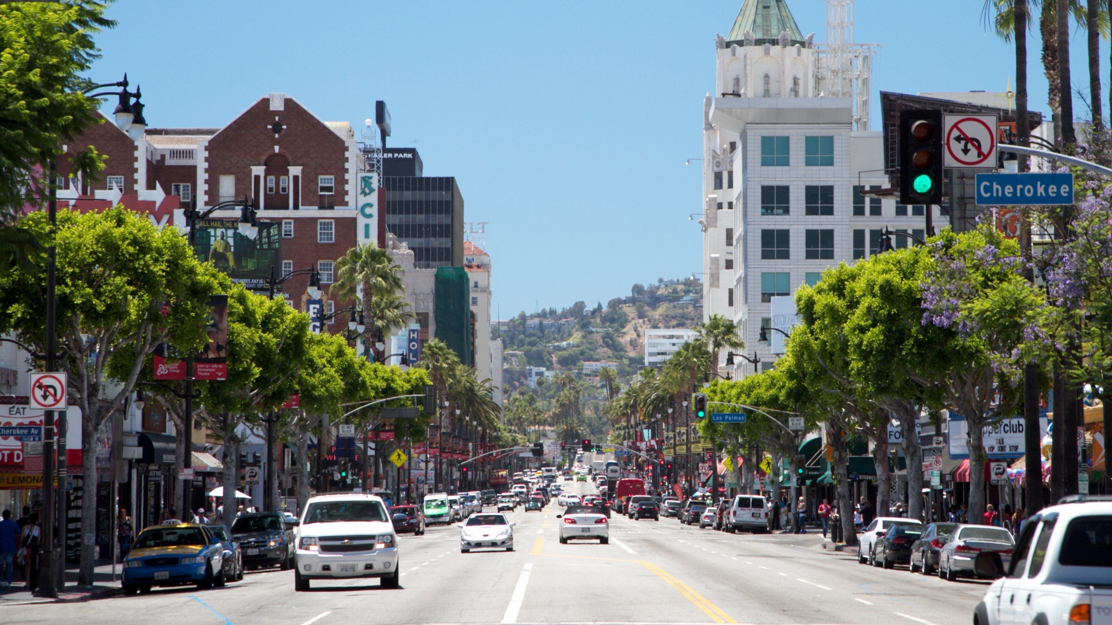 Hollywood Walk of Fame showing street scenes, a city and skyline