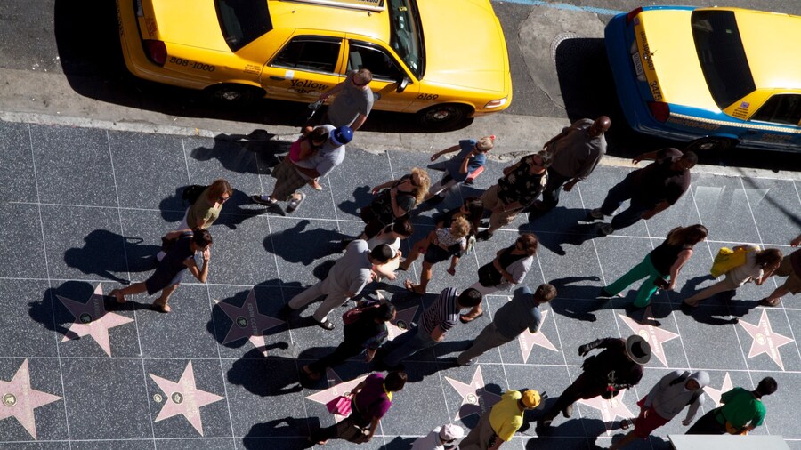 Crowds gather on Hollywood Walk of Fame with yellow taxis in Los Angeles, California