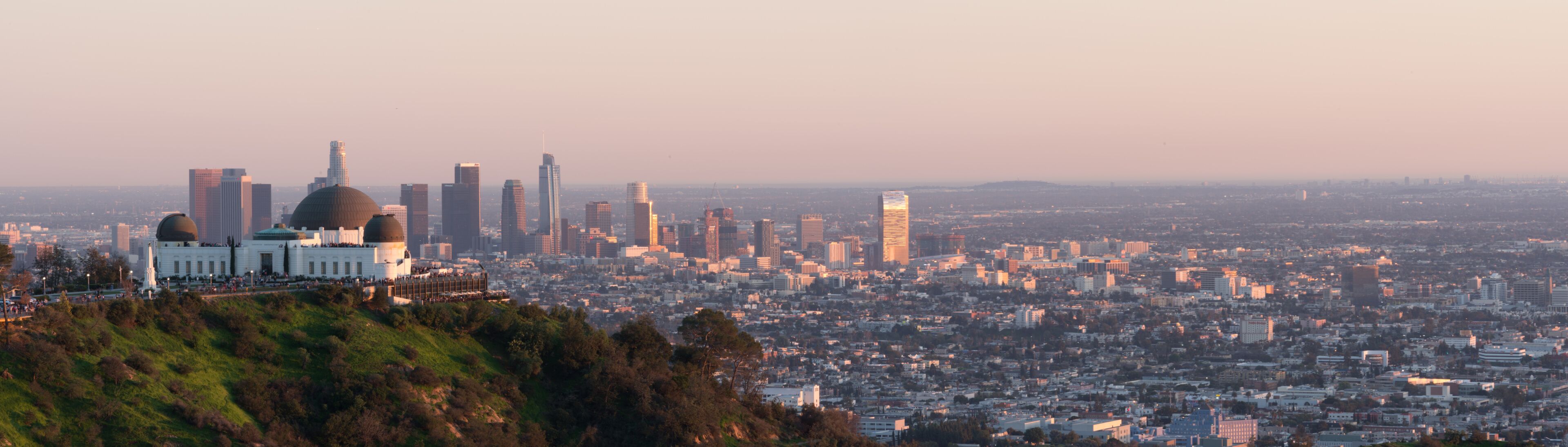  Los Angeles sunset, California, USA downtown skyline from Griffith park panoramic view