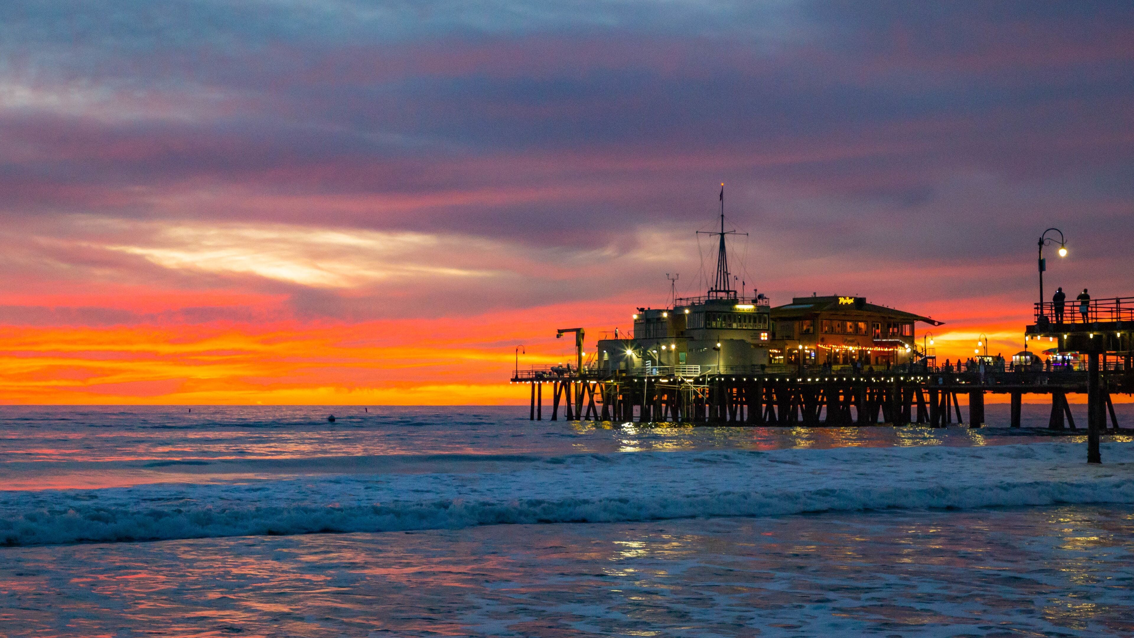 Santa Monica Pier which includes a sunset and general coastal views