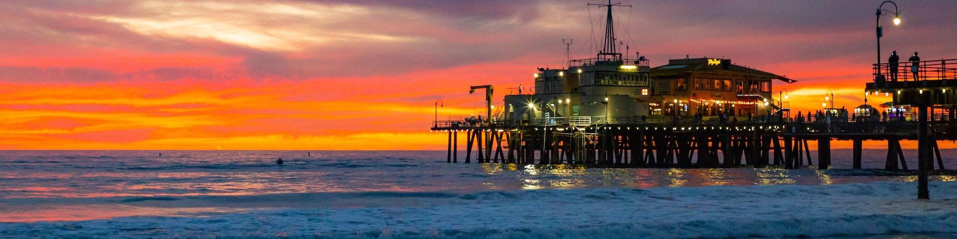 Santa Monica Pier which includes a sunset and general coastal views