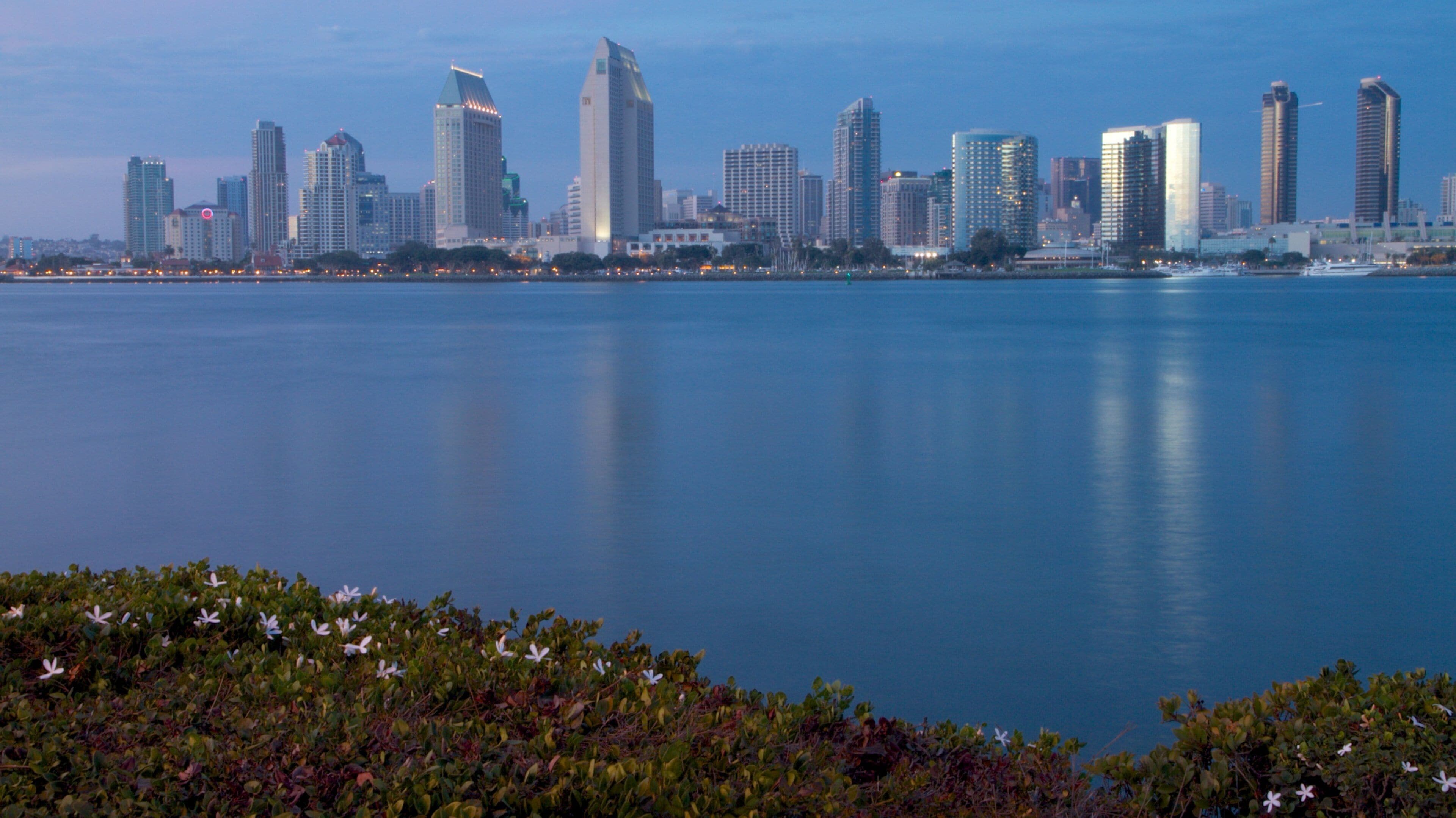 Coronado Beach som viser skyline, det centrale forretningsområde og en høj bygning