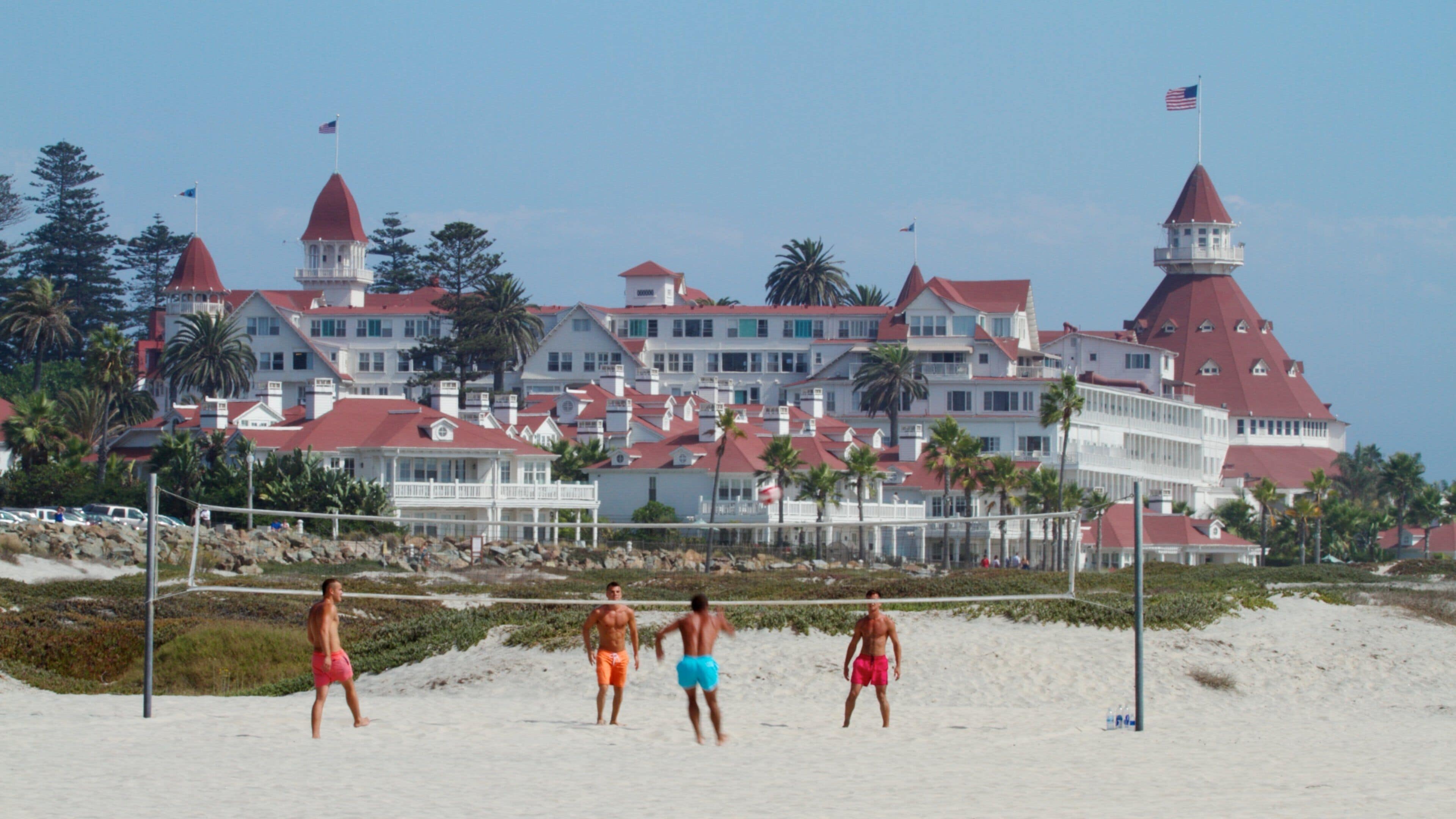 Coronado Beach showing a beach and tropical scenes as well as a small group of people
