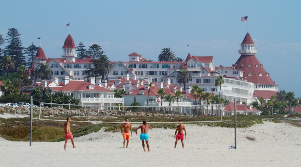 Coronado Beach montrant scĂšnes tropicales et plage aussi bien que petit groupe de personnes
