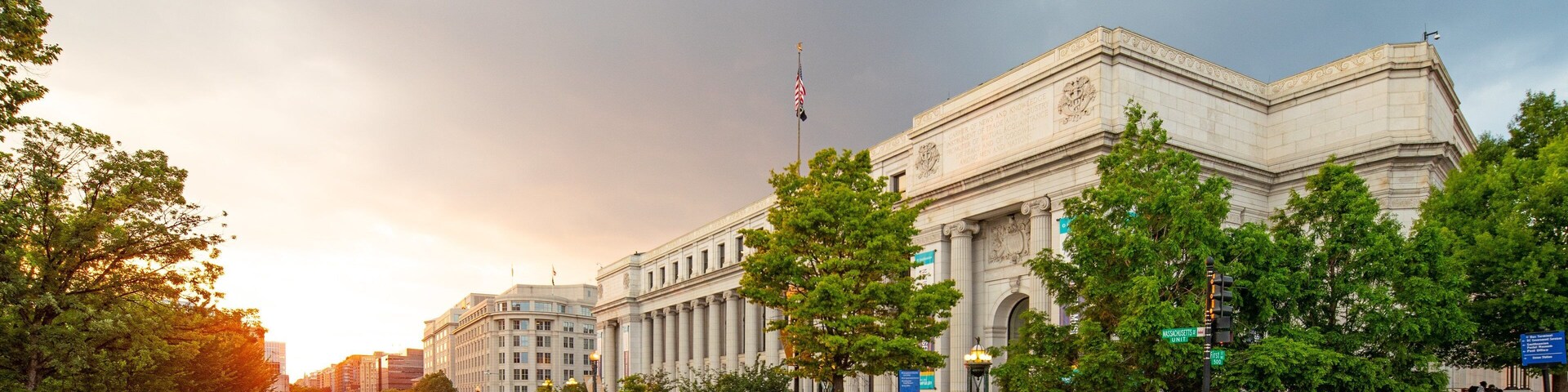National Postal Museum which includes a sunset and an administrative buidling