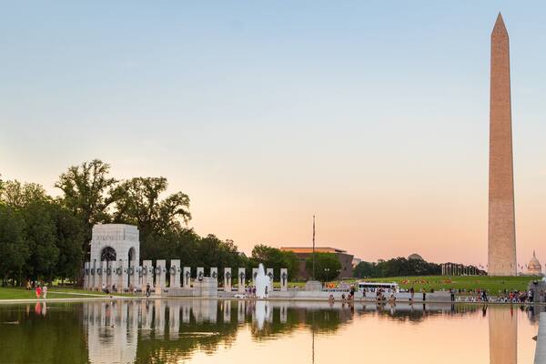 National World War II Memorial showing a lake or waterhole, a sunset and a monument