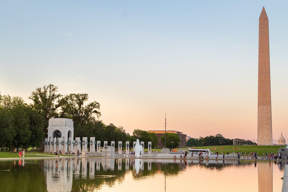 The Washington Monument, the Lincoln Memorial, and the Reflecting Pool in Washington D.C.