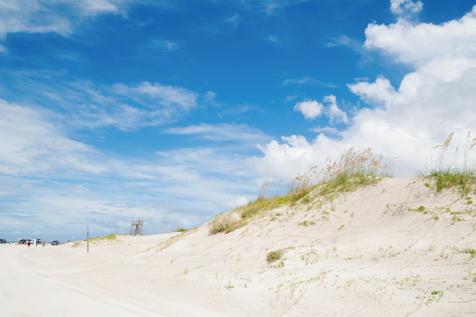 Une plage de sable avec des dunes et une végétation clairsemée, sous un ciel partiellement nuageux.
