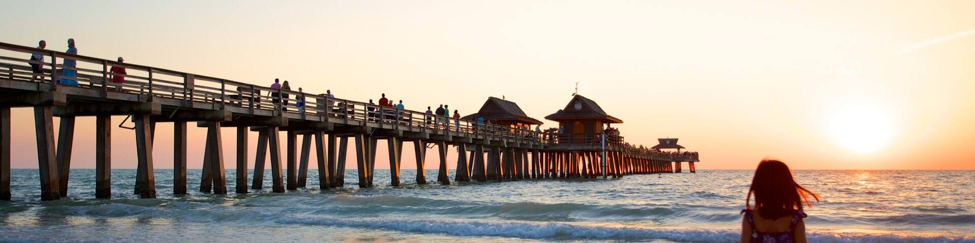 Naples Pier showing a sunset and a sandy beach as well as an individual child