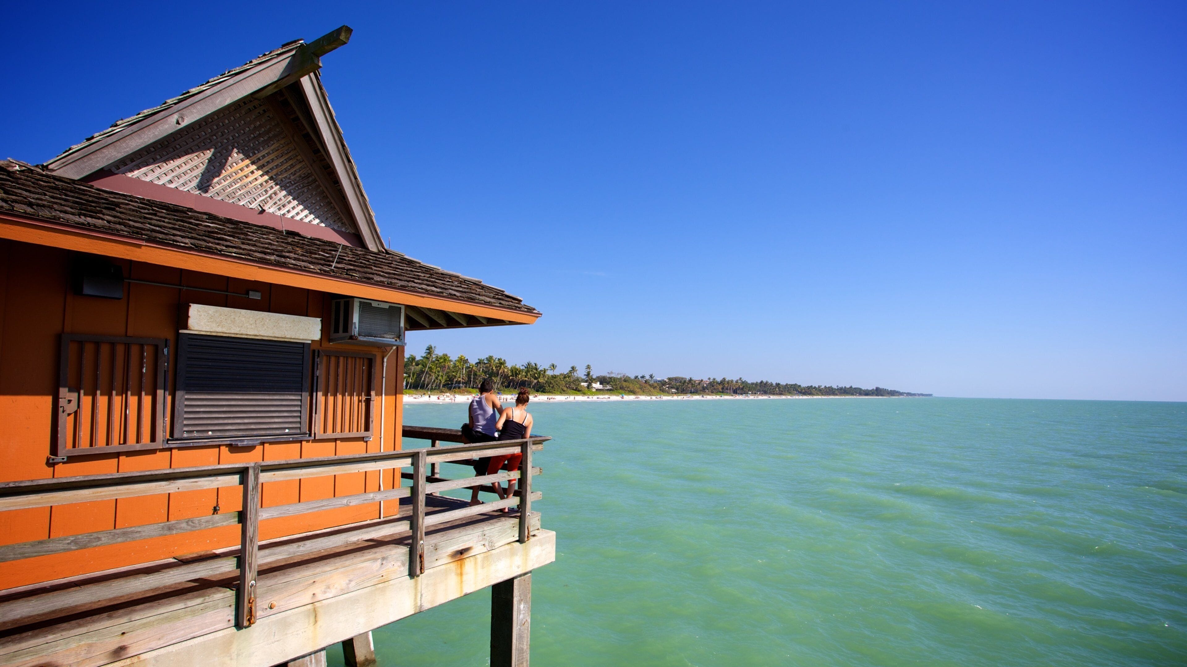 Naples Pier featuring views and general coastal views as well as a couple