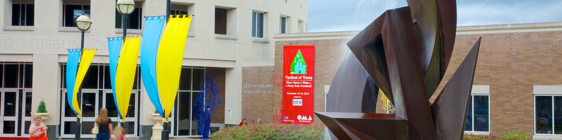 Orlando Museum of Art showing outdoor art and a fountain