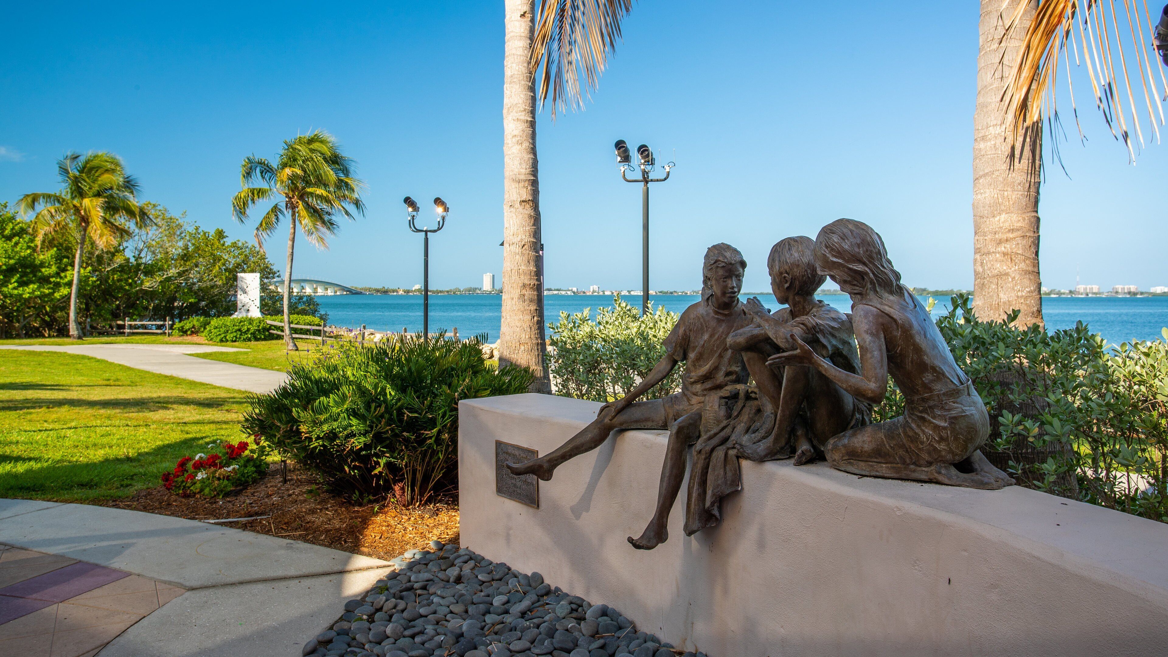 Van Wezel Performing Arts Hall which includes a garden and a statue or sculpture