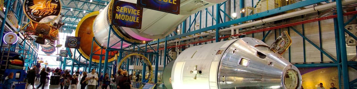 Space exploration exhibits at Kennedy Space Center showcasing iconic spacecraft in Cape Canaveral, Florida
