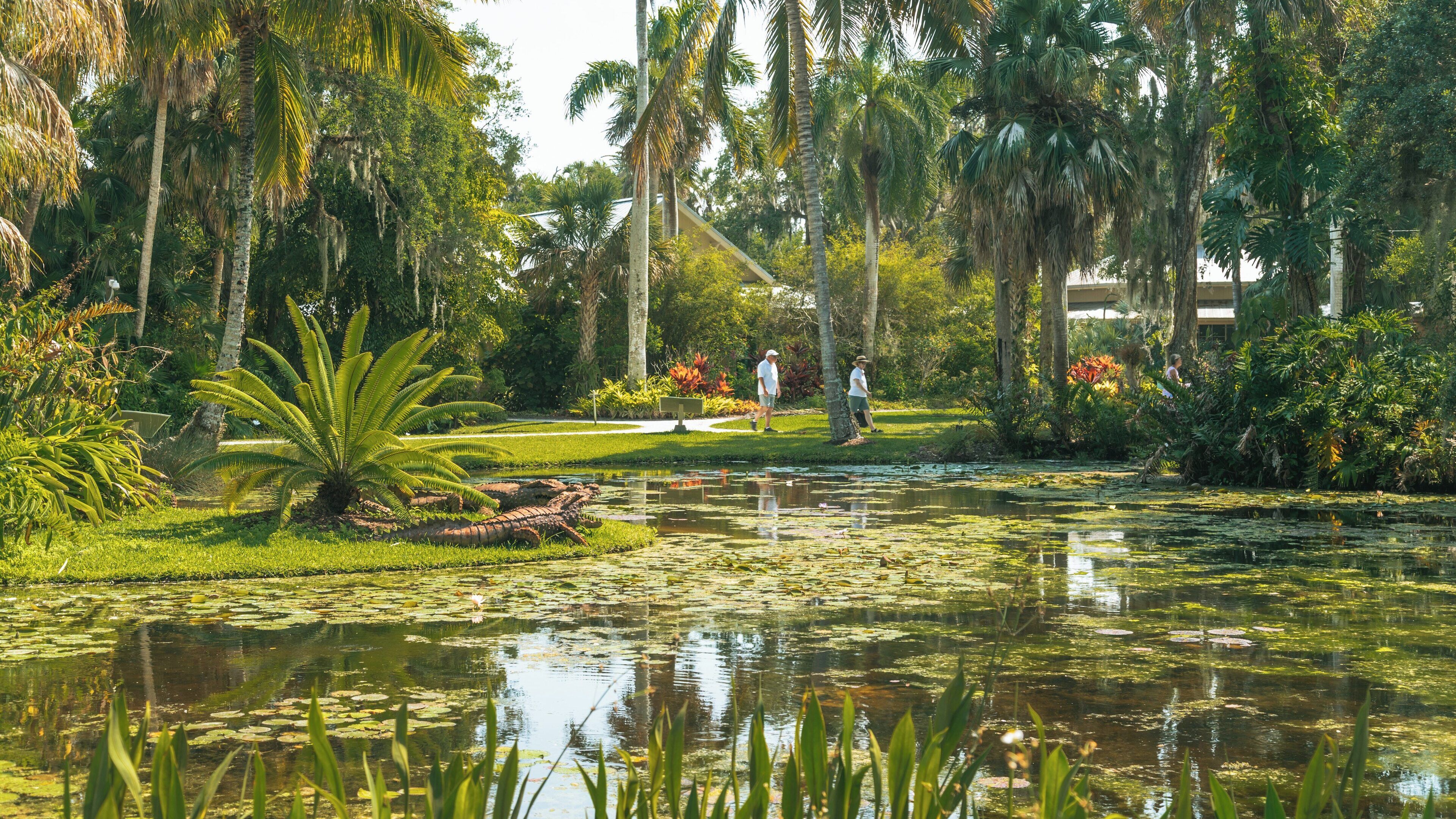 Exploring the lush landscapes of McKee Botanical Garden in Vero Beach, Florida with winding paths and serene pond views