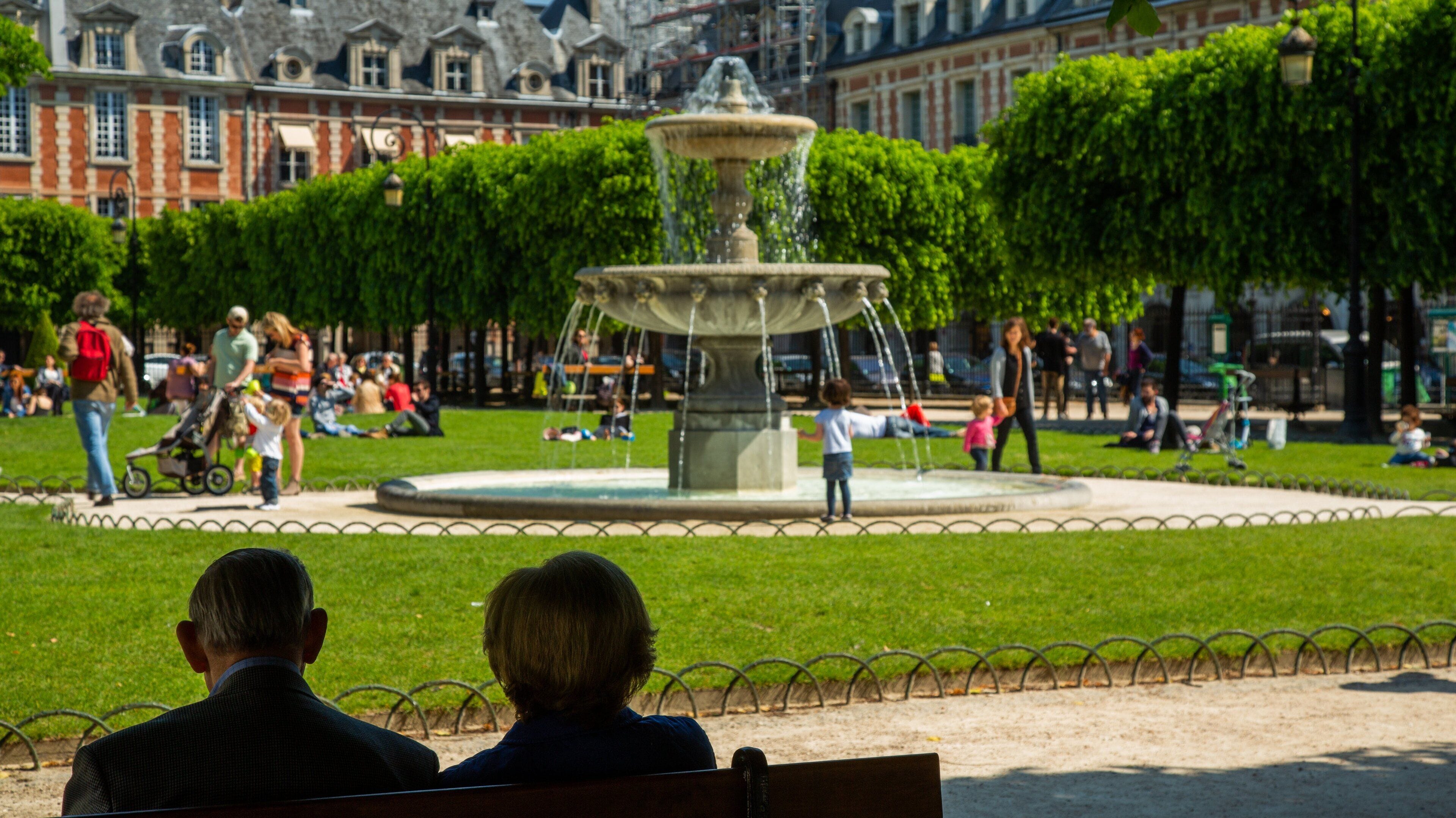 Place des Vosges featuring a fountain and a park