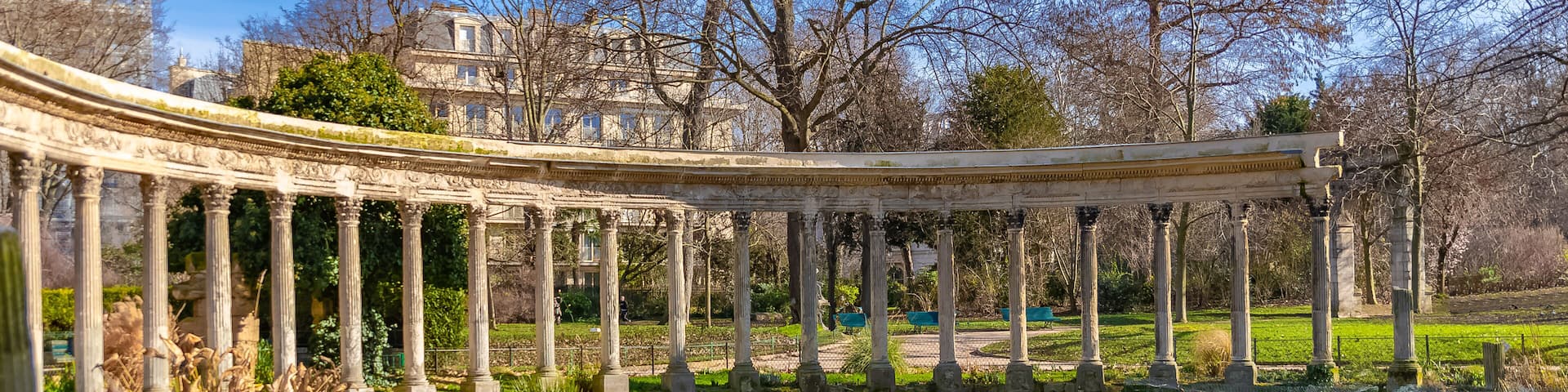 Paris, in the beautiful parc Monceau, ancient columns, ruin of an old church