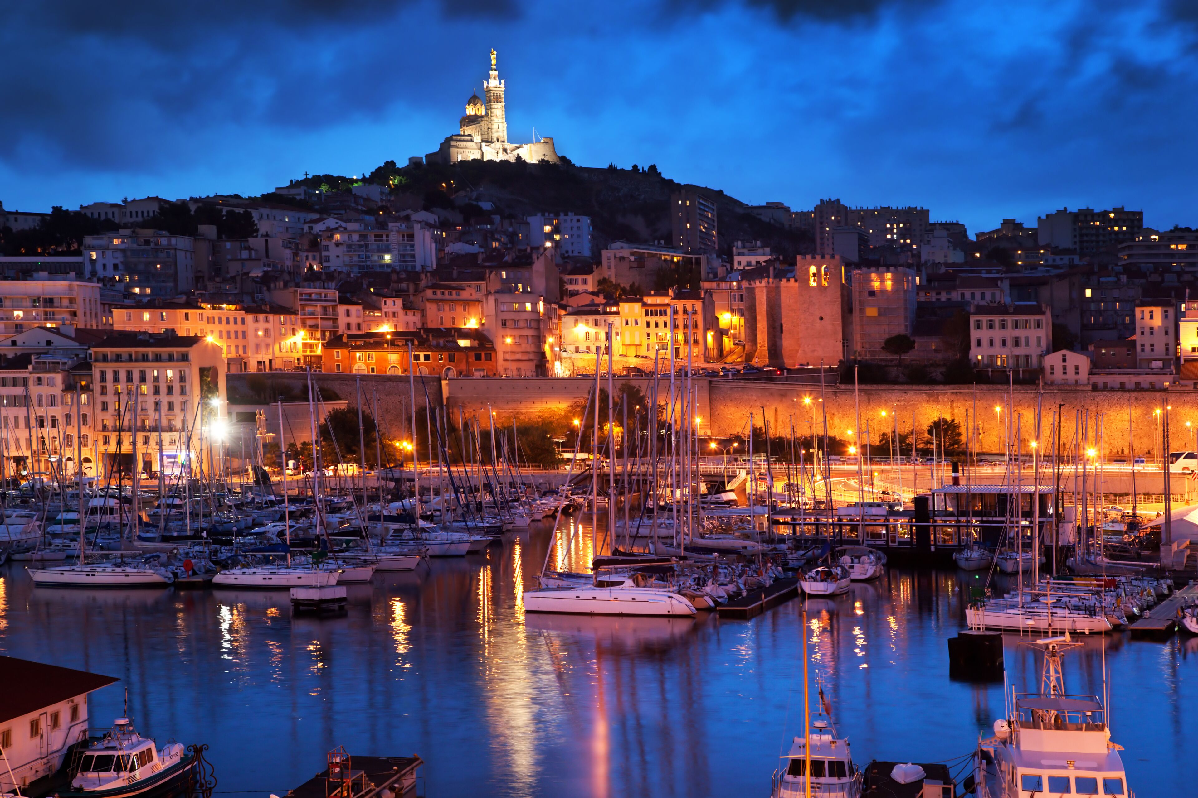 Marseille, France panorama at night, the harbour.