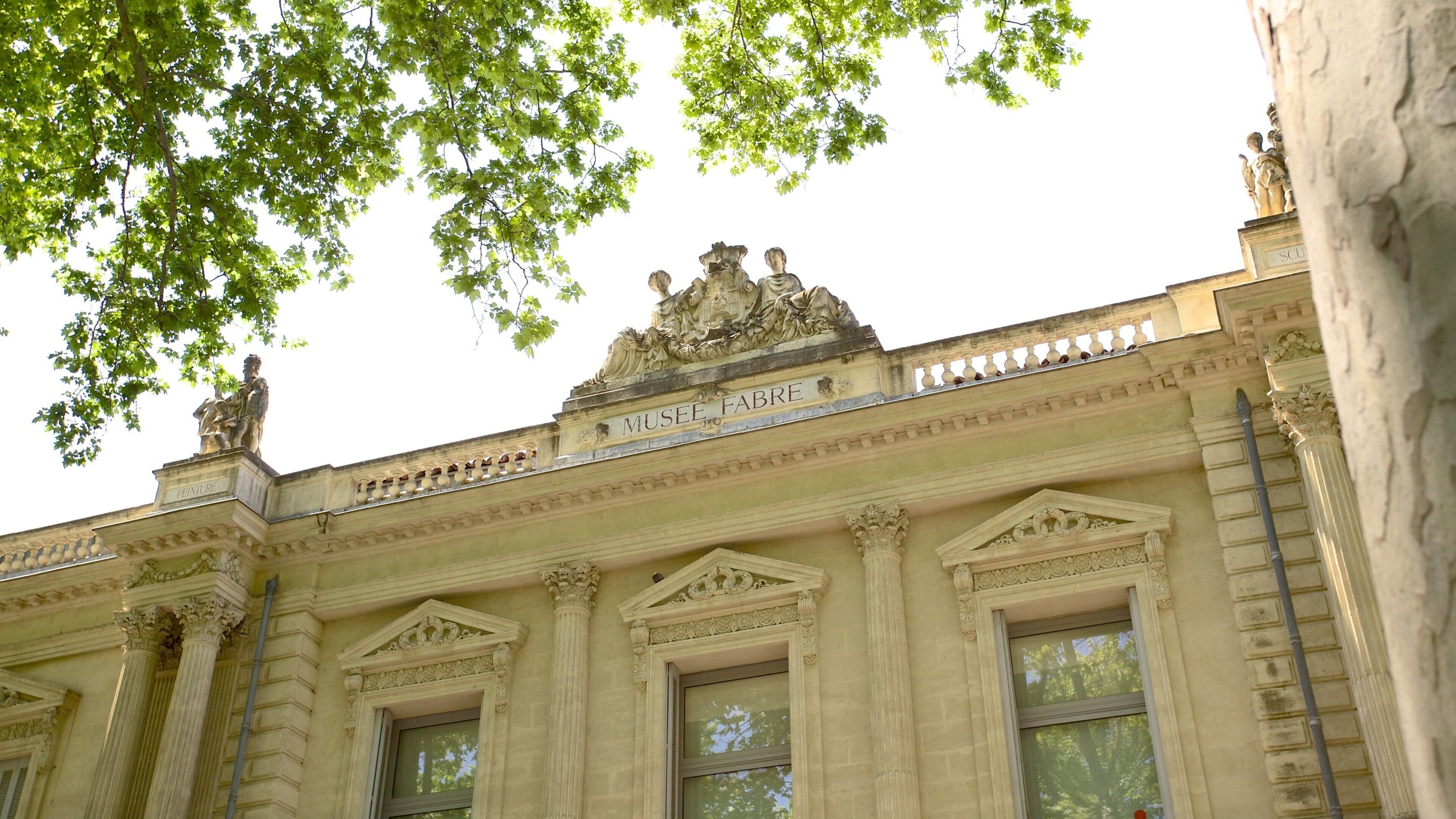 Fachada de um edifício clássico com esculturas elaboradas e a inscrição "MUSEE FABRE".