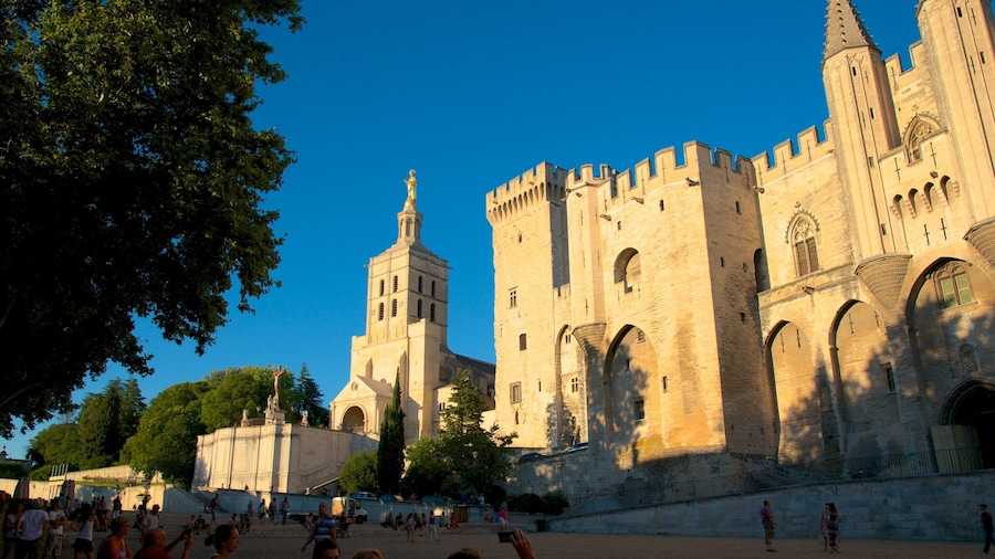 Palais des Papes qui includes éléments du patrimoine, architecture patrimoniale et une place publique