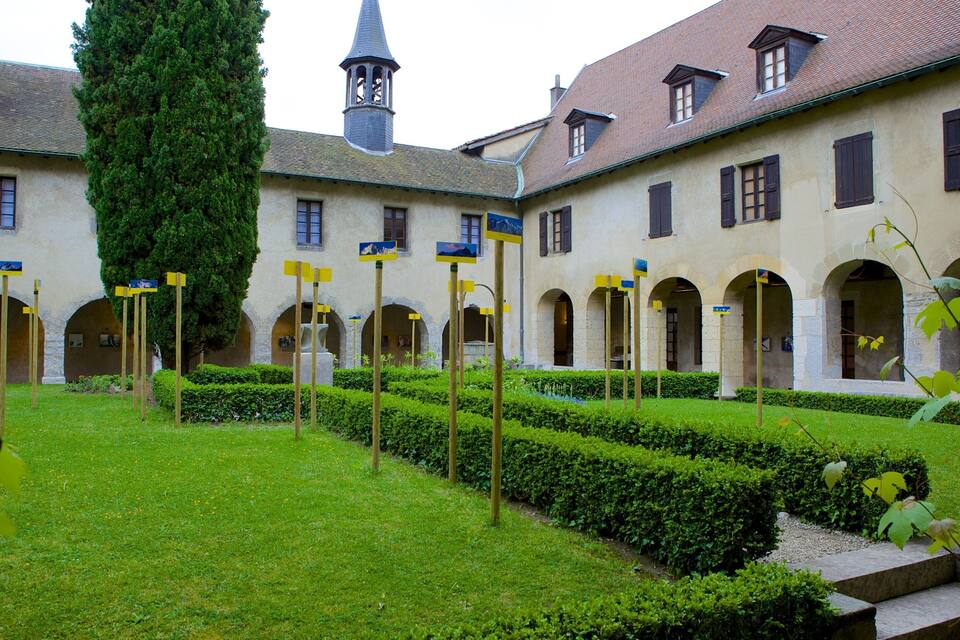 A courtyard with a church, a tall tree, and neatly trimmed hedges.