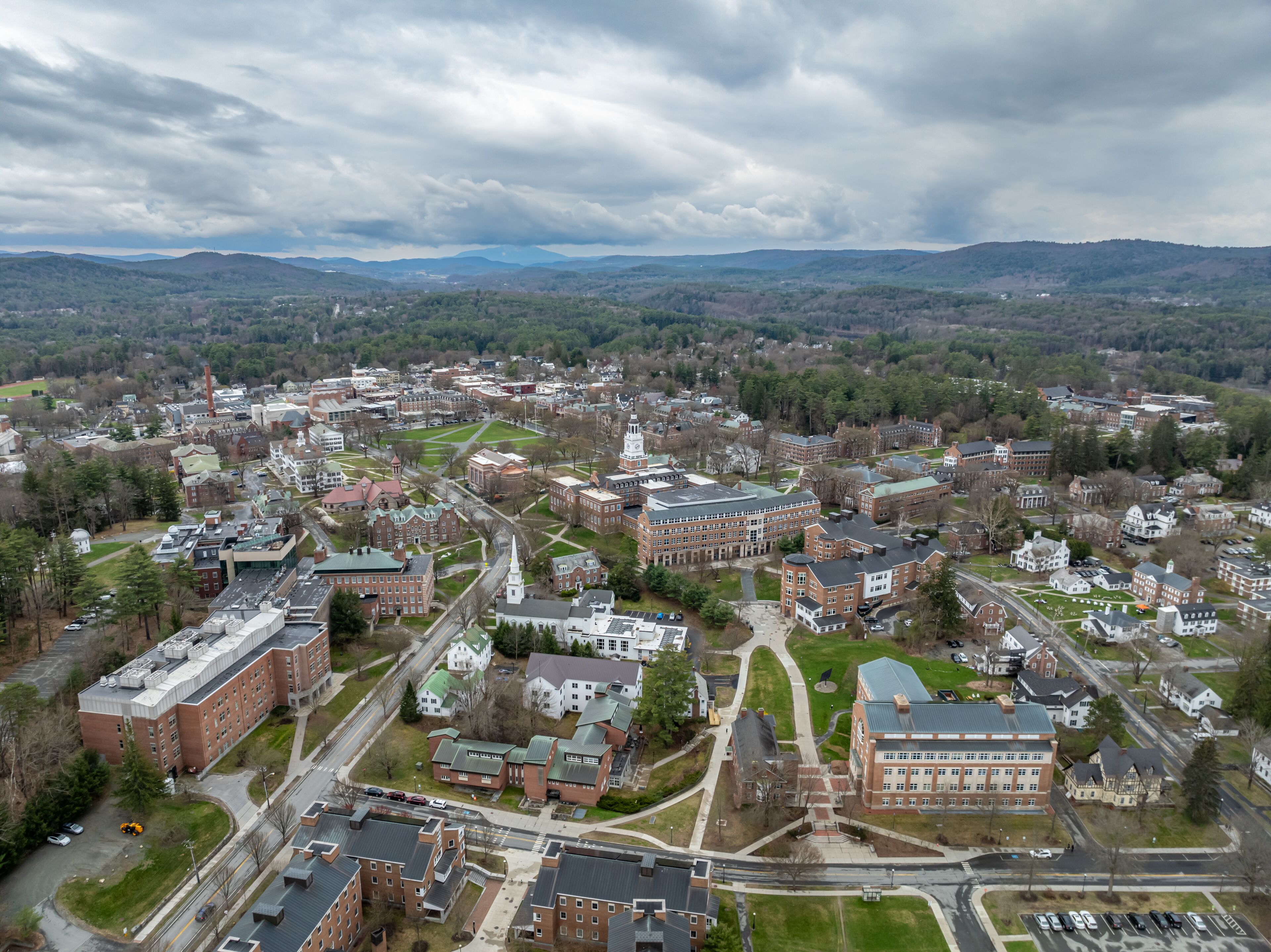 Spring aerial photo of Hanover, NH on a partly cloudy day.
