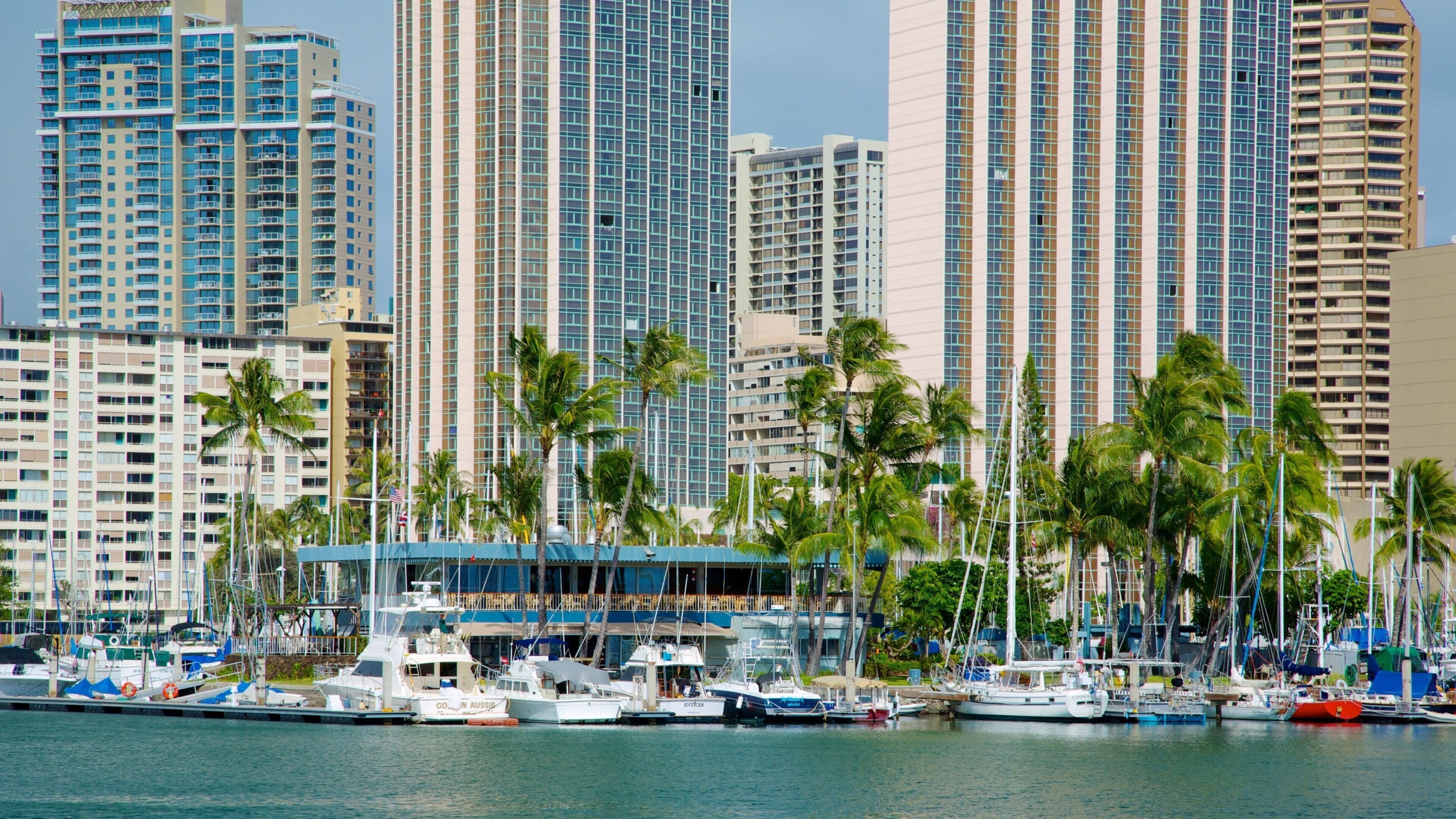 Ala Moana Beach Park showing cbd, boating and a skyscraper