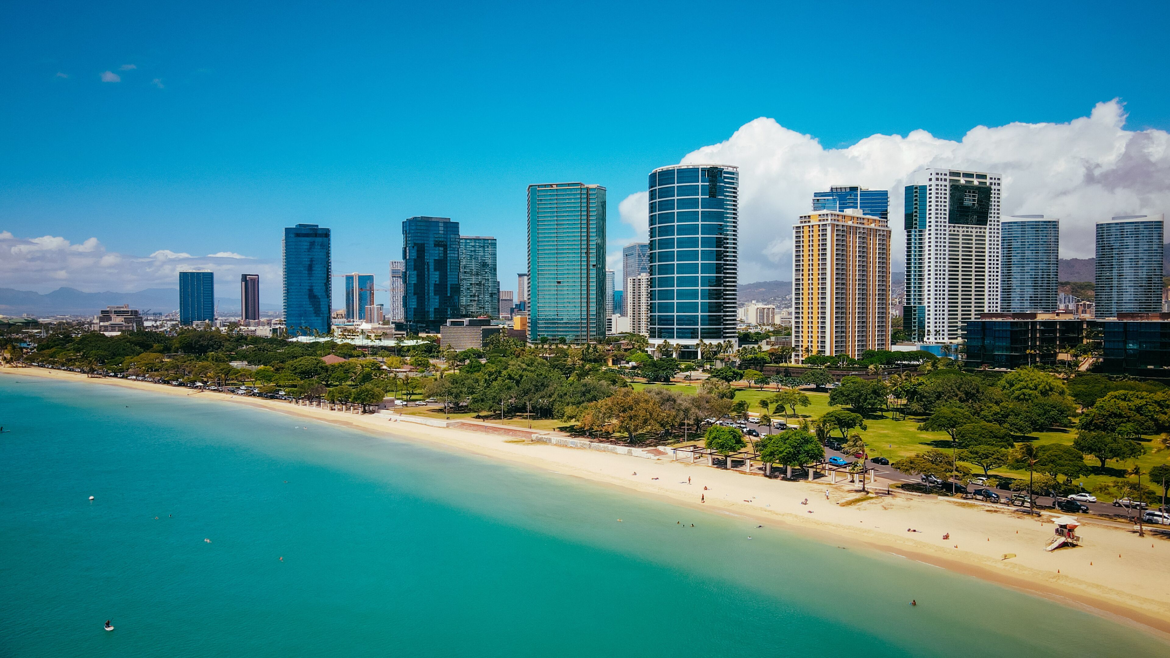 Aerial Ala Moana Beach Park is a free public park on the island of Oahu, U.S. state of Hawaii, located between Waikiki and downtown Honolulu. 