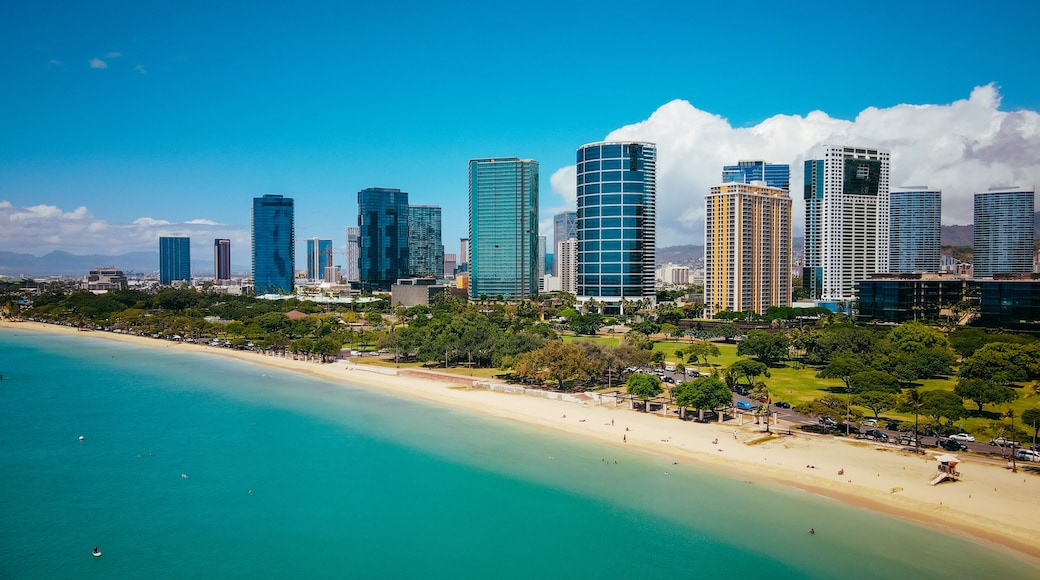 Aerial Ala Moana Beach Park is a free public park on the island of Oahu, U.S. state of Hawaii, located between Waikiki and downtown Honolulu.