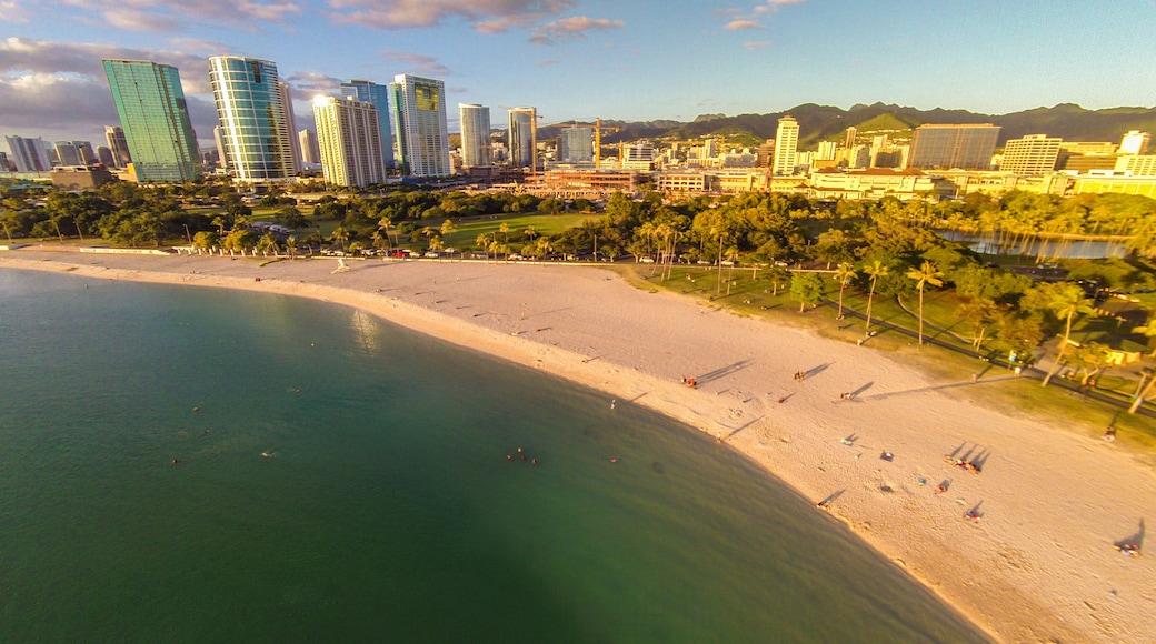 Aerial view of Ala Moana Beach Park in Honolulu, Hawaii just out