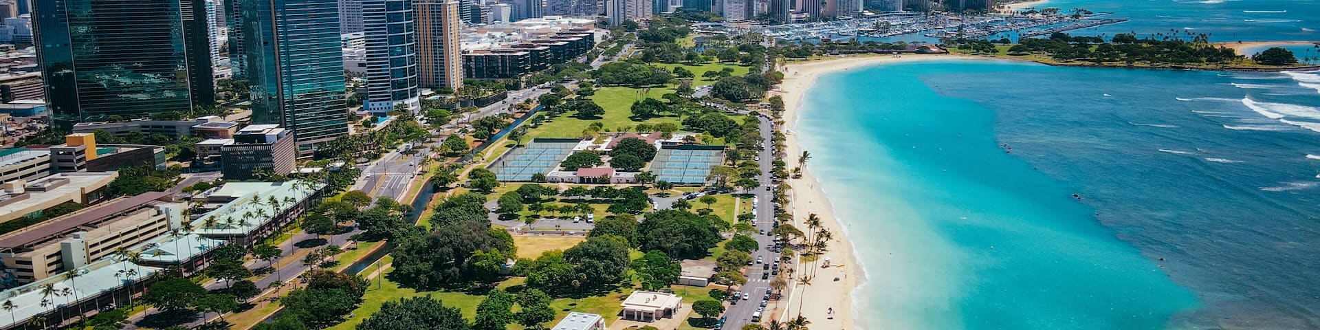 Aerial Ala Moana Beach Park is a free public park on the island of Oahu, U.S. state of Hawaii, located between Waikiki and downtown Honolulu.
