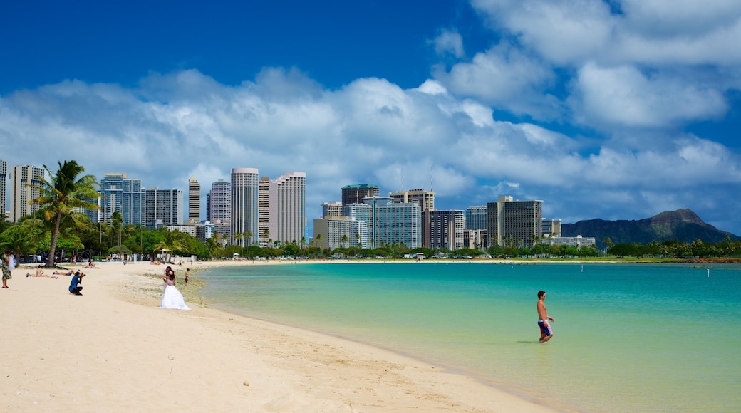 Ala Moana Beach Park som inkluderar tropisk natur, skyline och bad
