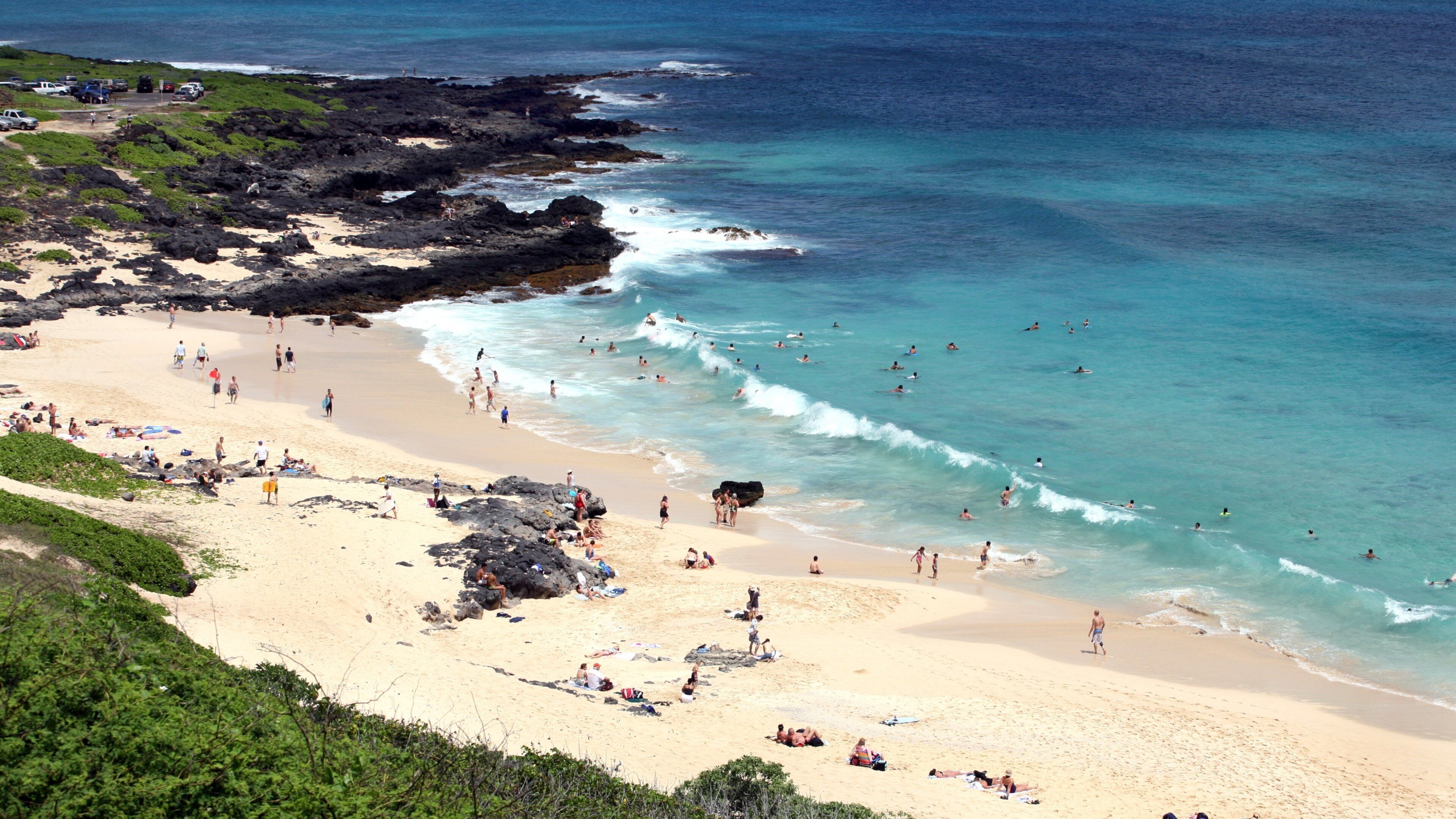Makapuu Beach featuring a sandy beach, swimming and rugged coastline