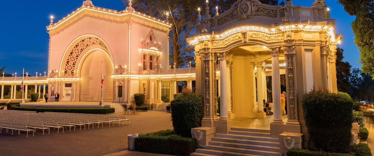 Spreckels Organ Pavilion showing night scenes