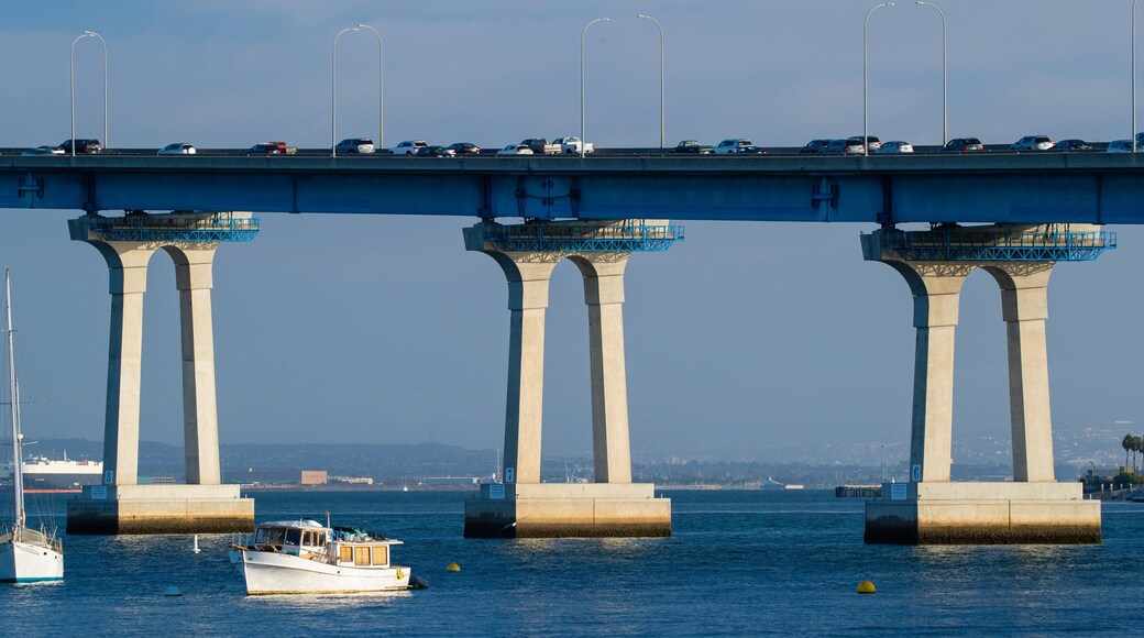 San Diego Coronado Bridge which includes a bay or harbor and boating