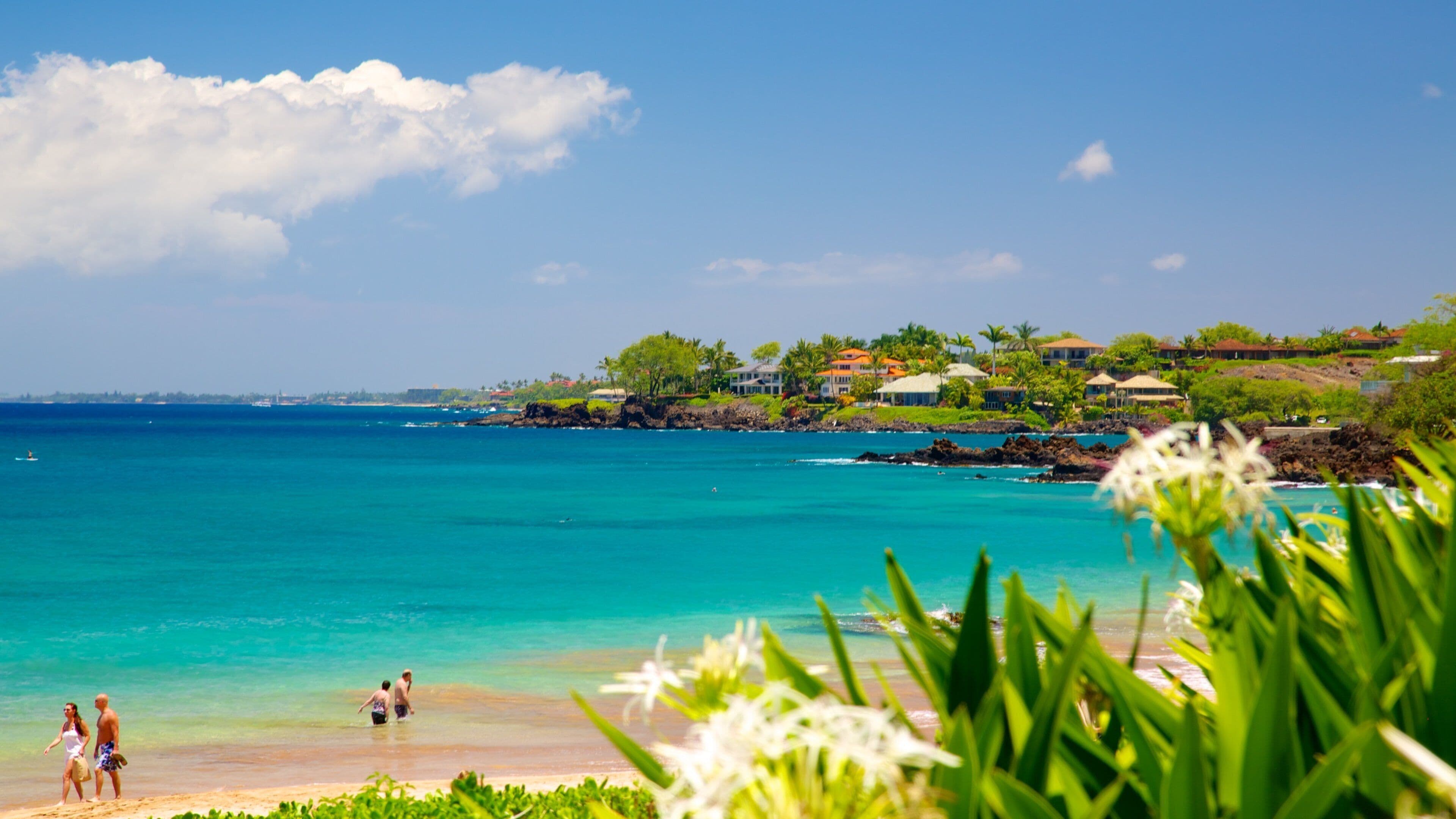 Une plage à l’eau turquoise et limpide, des gens qui se promènent le long du rivage, et des maisons sur une colline en arrière-plan.