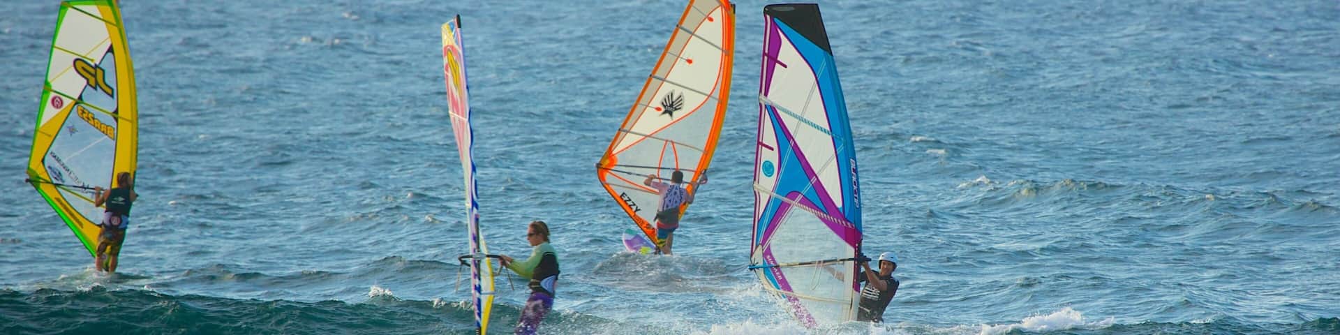 Three windsurfers on a calm sea with clear skies.
