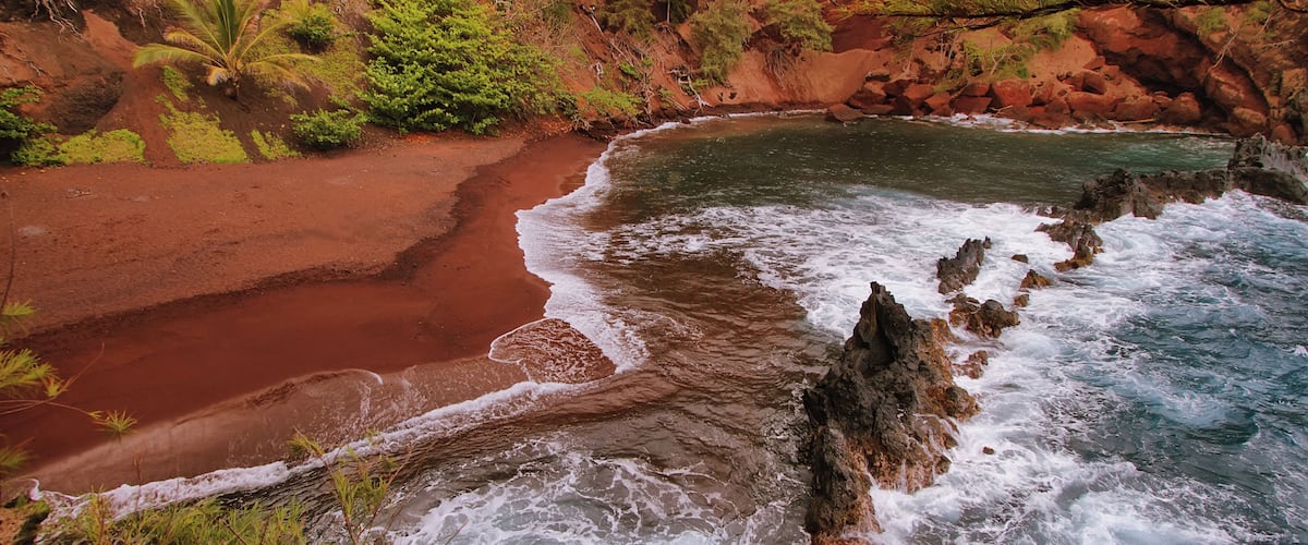 Kaihalulu red sand beach in east Maui island, Hawaii