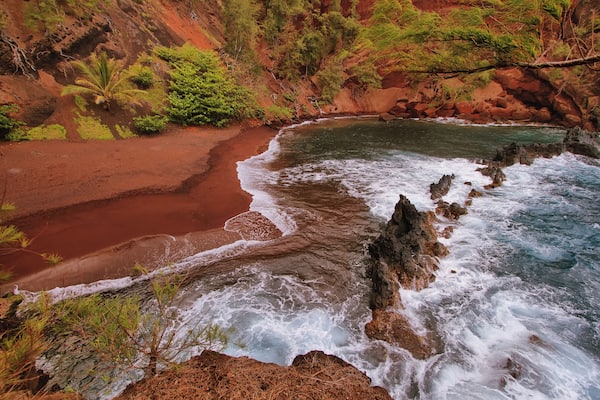 Kaihalulu red sand beach in east Maui island, Hawaii