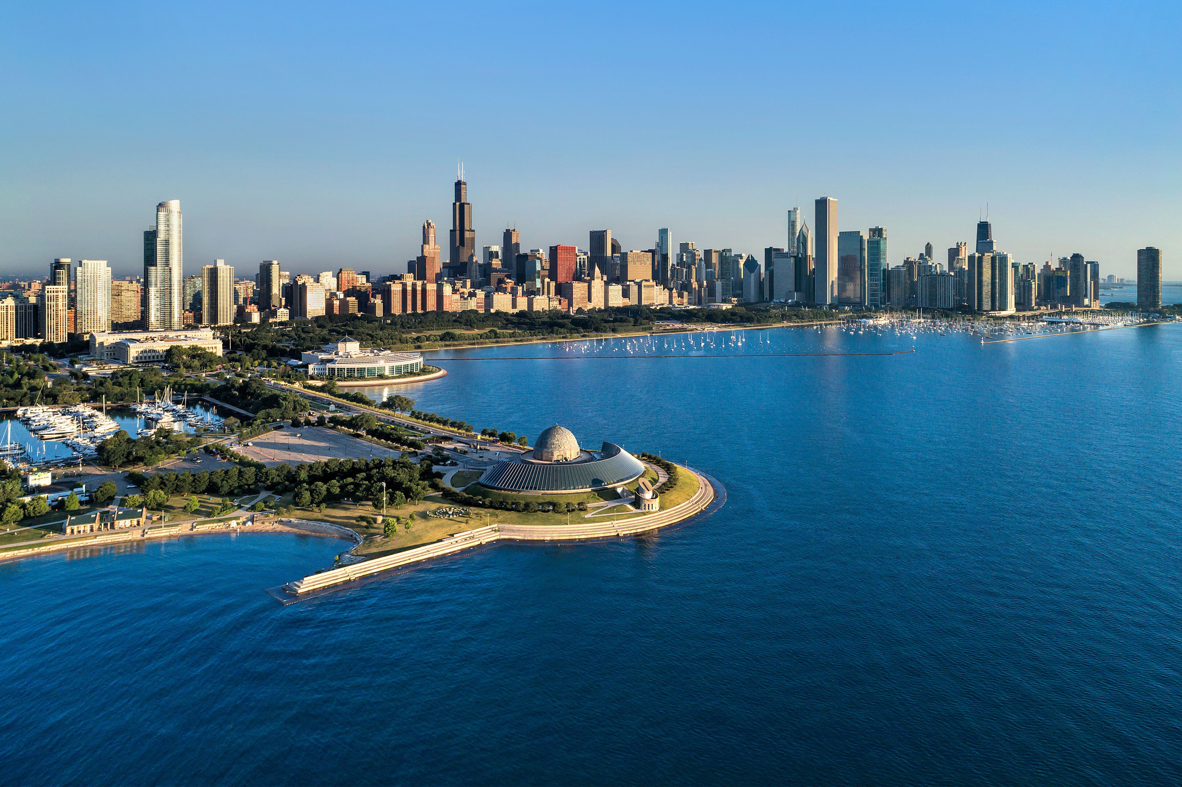 Adler Planetarium with Monroe Harbor and Chicago Skyline