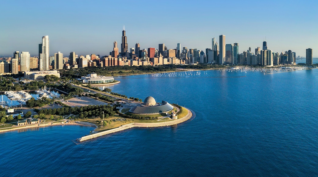 Adler Planetarium with Monroe Harbor and Chicago Skyline