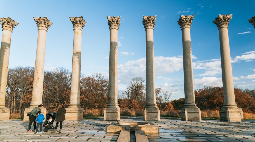 U.S. National Arboretum featuring a monument and heritage elements as well as a family