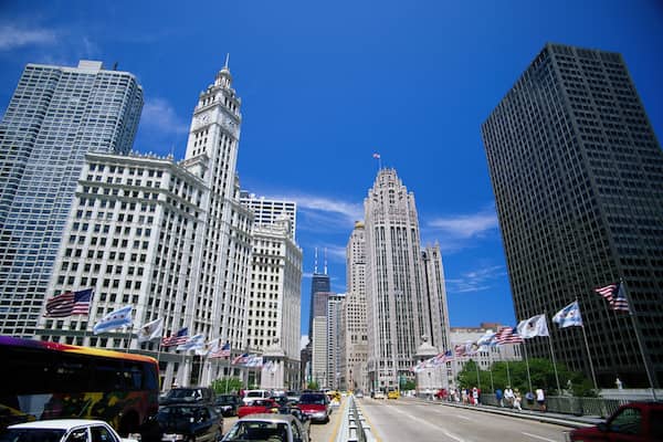 Traffic on the Michigan Avenue Bridge in Chicago
