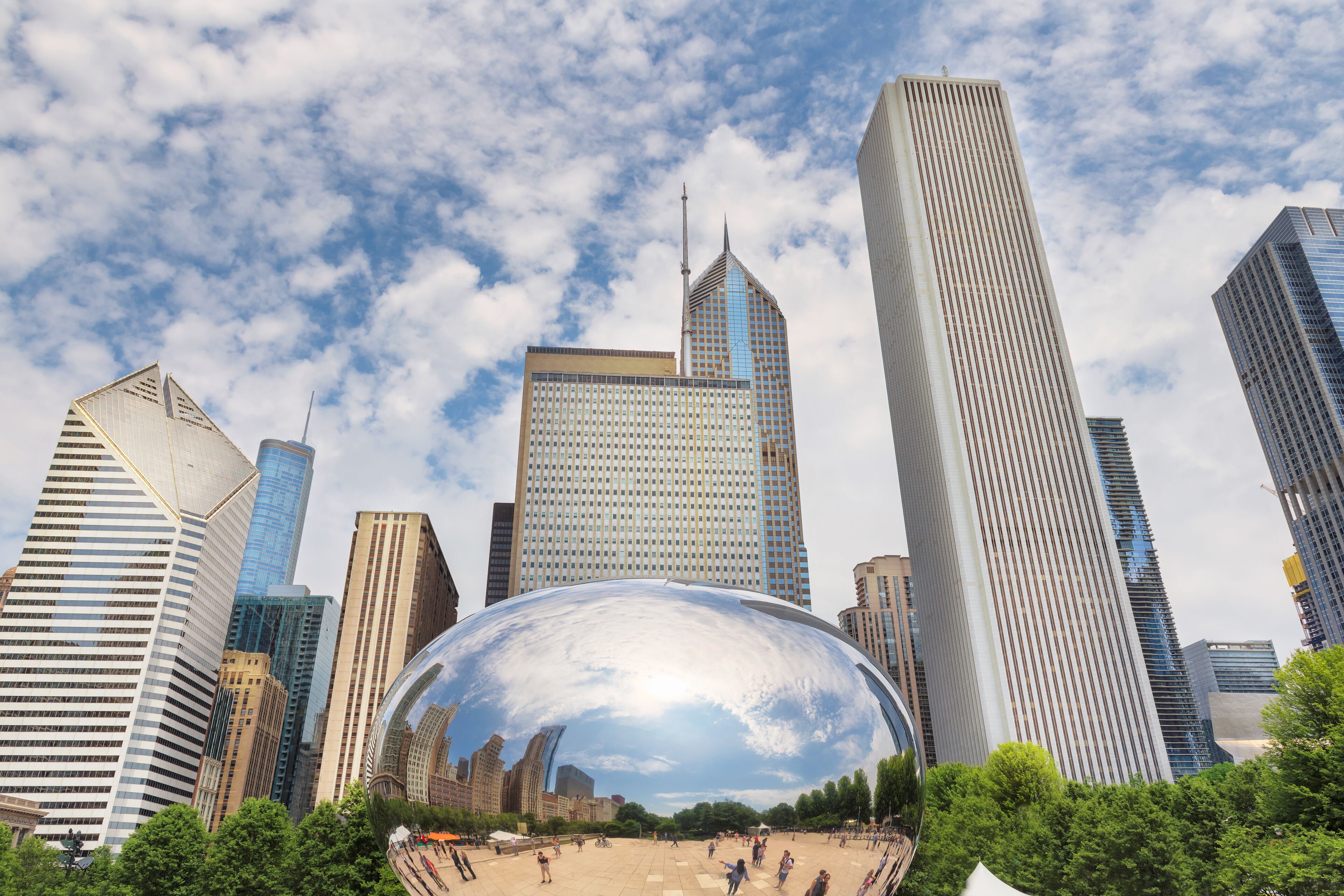 Reflection of a Chicago buildings in a mirror of Chicago Bean, Millennium Park, Chicago city, USA., Shutterstock ID 1129809965, Purchase Order: SP-2109, Order Number: SP-2109 Qantas AU US Sale New Ads