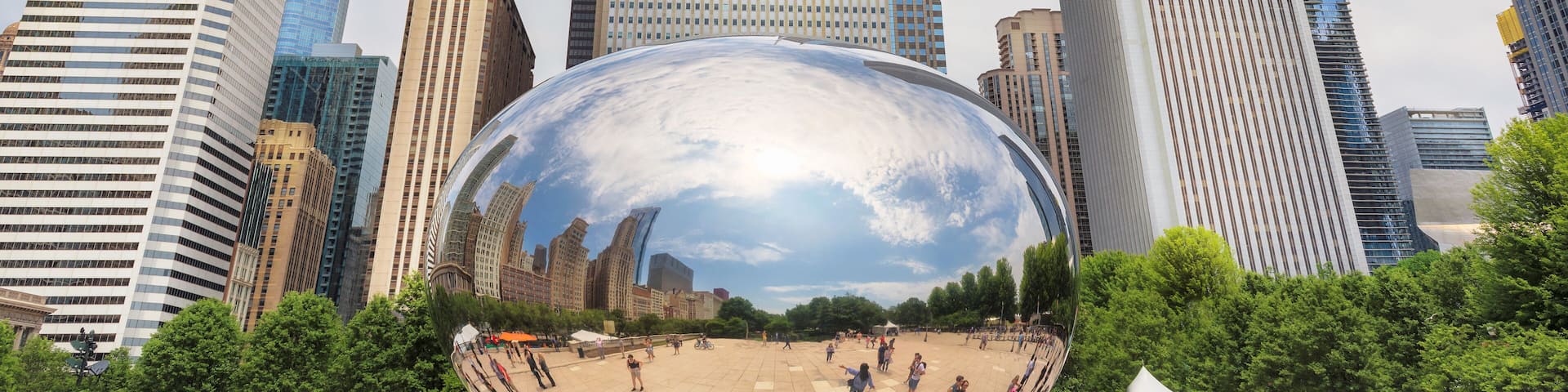 Reflection of a Chicago buildings in a mirror of Chicago Bean, Millennium Park, Chicago city, USA., Shutterstock ID 1129809965, Purchase Order: SP-2109, Order Number: SP-2109 Qantas AU US Sale New Ads