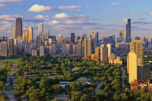 Chicago Skyline, Chicago, Illinois shows amazing architecture in panoramic format