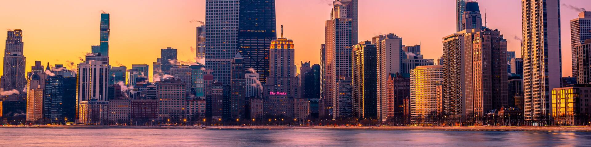 View of Chicago skyline at sunrise.