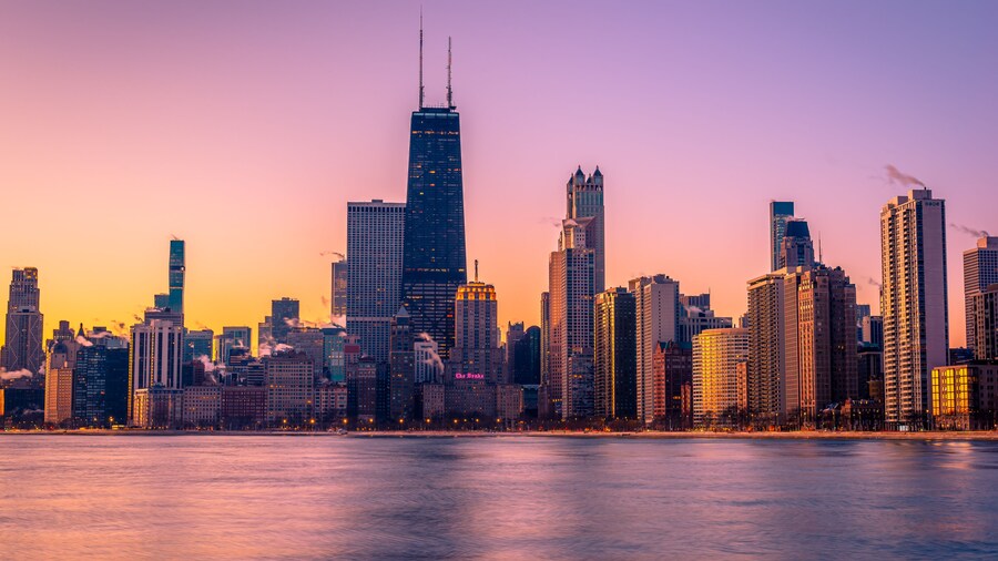 View of Chicago skyline at sunrise.