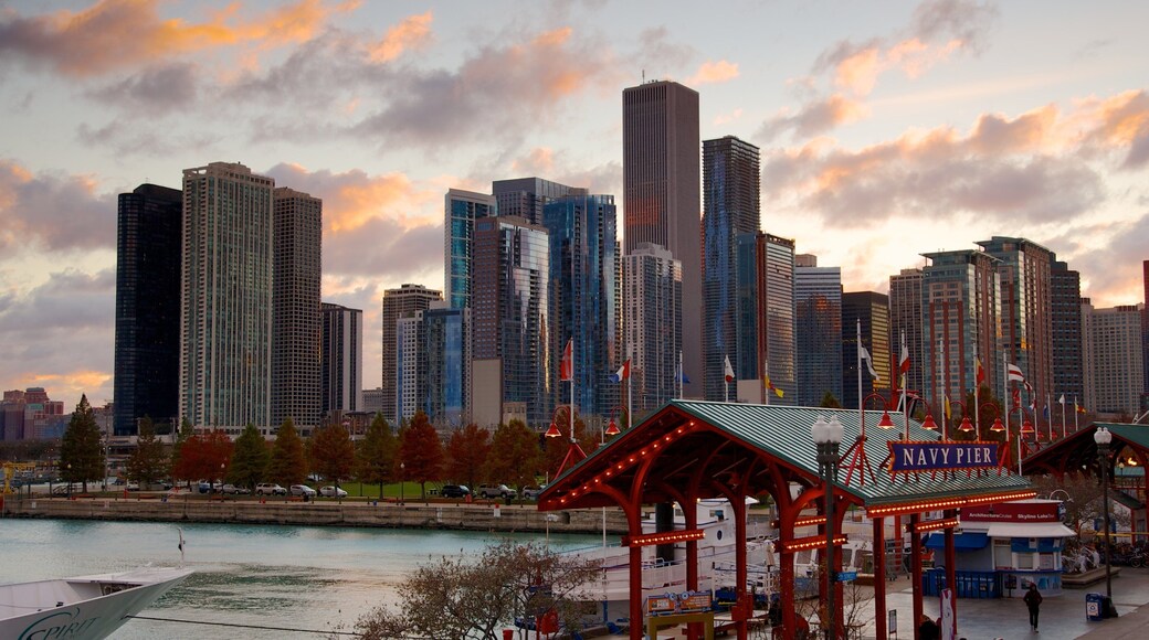 Navy Pier with city skyline at sunset in Chicago showing activities and vibrant atmosphere